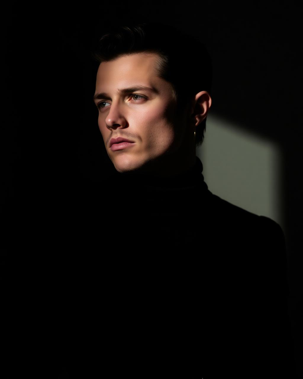 Dramatic editorial portrait with side lighting
